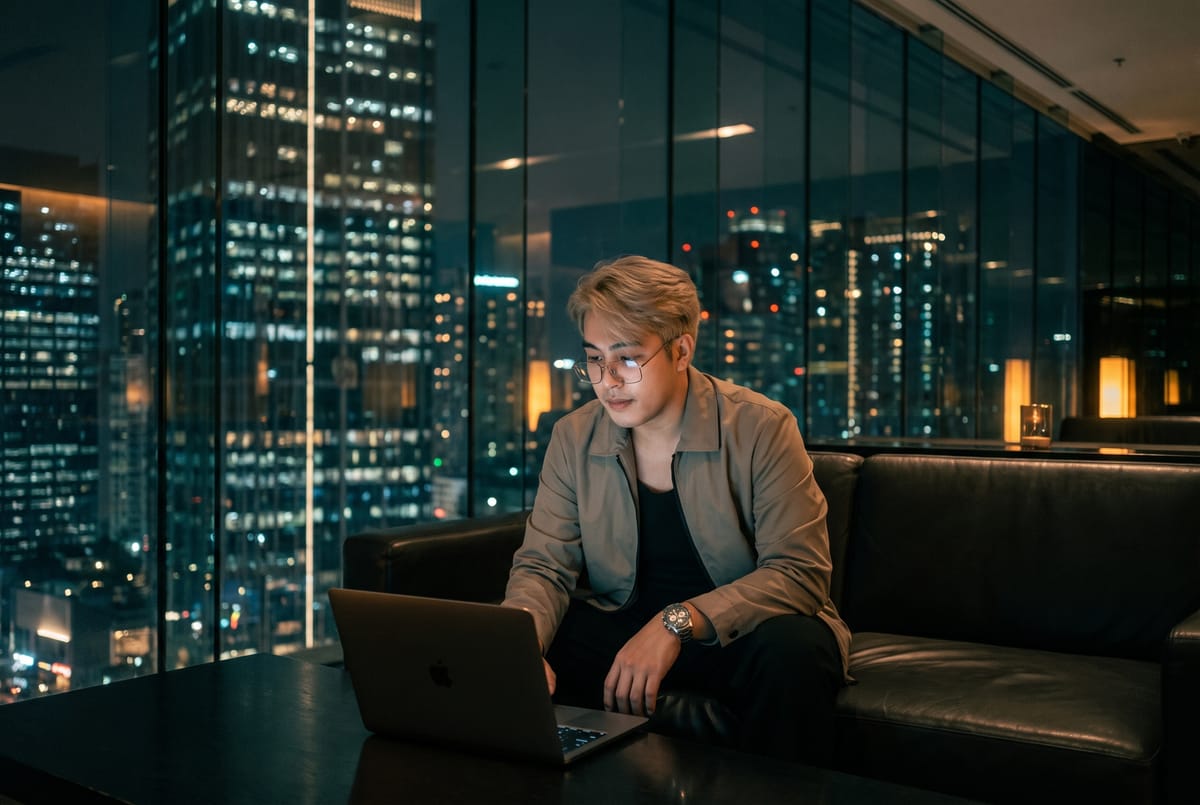 Jethro Vann Barquilla, Founder & CEO of ScaleStep Digital, working at a laptop overlooking a city skyline at night