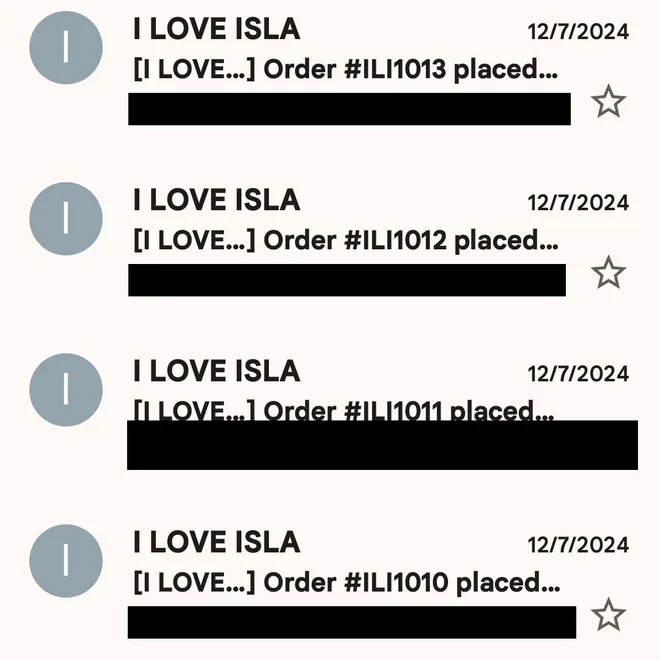 Inbox showing four order confirmation emails from the client’s store dated 7 December 2024, with customer details redacted.