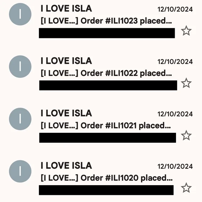 Inbox showing four order confirmation emails from the client’s store dated 10 December 2024, with customer details redacted.
