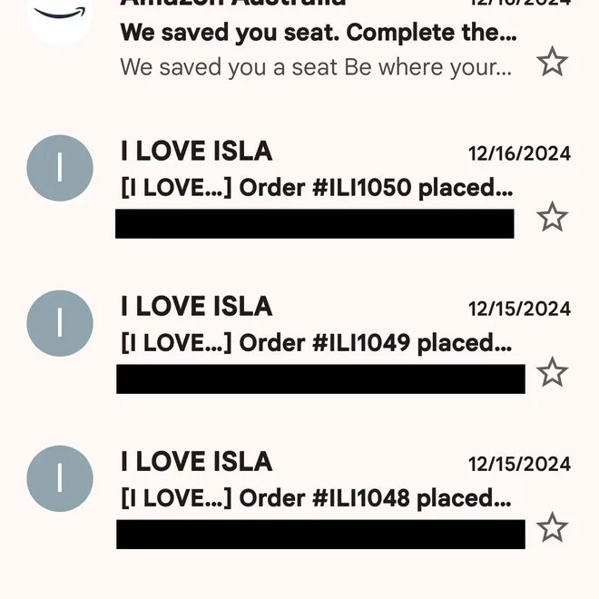Inbox showing order confirmation emails from the client’s store dated 16 December 2024 among other mail, with customer details redacted.