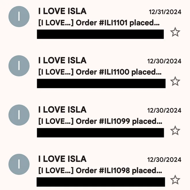 Inbox showing four order confirmation emails from the client’s store dated 30 December 2024, with customer details redacted.